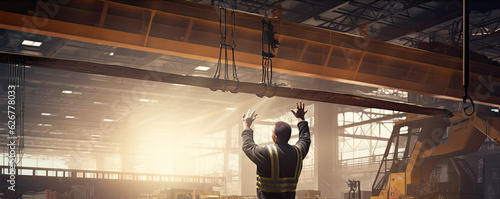 Heavy Industry Worker Wearing Safety Uniform and Hard Hat in factory.