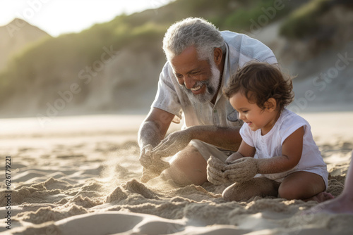 Senior man and child playing with the sand on a beach in summer