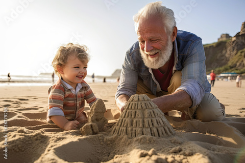 Senior man and child playing with the sand on a beach in summer photo