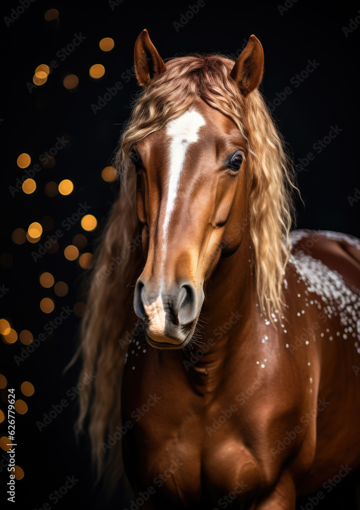 Brown headed horse portriat. Beautiful white brown horse