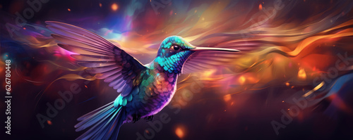 Hummingbird fly on black background. Colibri bird in vivid colors