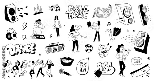 music party dance vector doodles characters , hand drawn sign and symbols