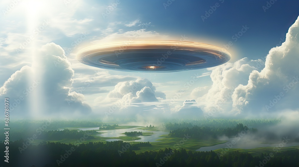 A gleaming flying saucer emerging from the clouds under a bright, sunny sky. Generative AI A gleaming flying saucer emerging from the clouds under a bright, sunny sky. Generative AI