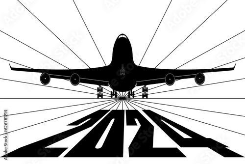 2024, new year, elegant vector illustration, number 2024 logo. The plane takes off in the new 2024	
