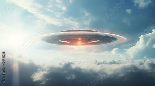 A gleaming flying saucer emerging from the clouds under a bright  sunny sky. Generative AI
