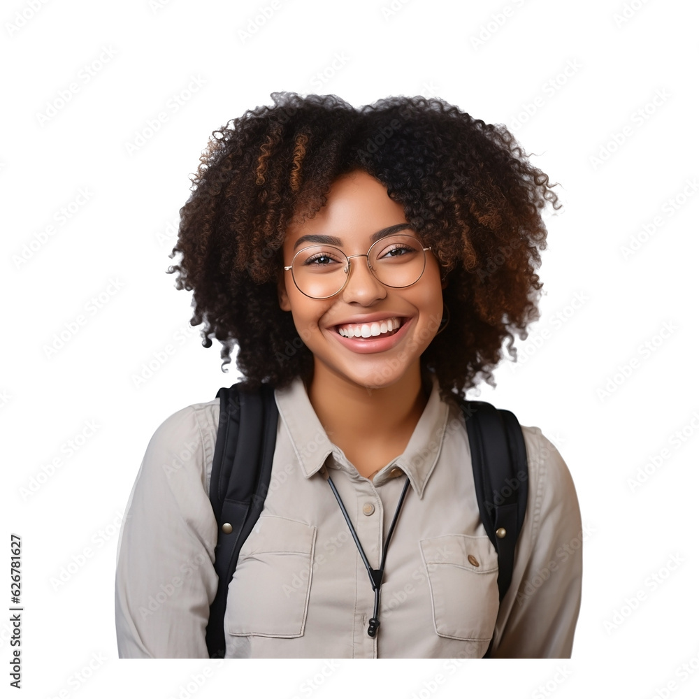 Cute black student successful smile on transparent background png