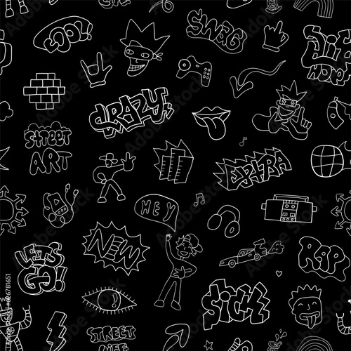  doodle characters words graffiti hand drawn seamless vector pattern , funny background for teenager