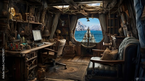 The rustic yet commanding cabin of a pirate ship's captain, filled with maritime intrigue. Generative AI © Sebastián Hernández