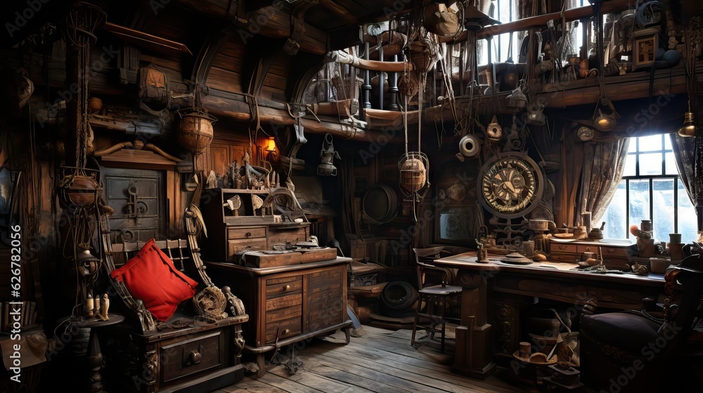 Naklejka premium The rustic yet commanding cabin of a pirate ship's captain, filled with maritime intrigue. Generative AI