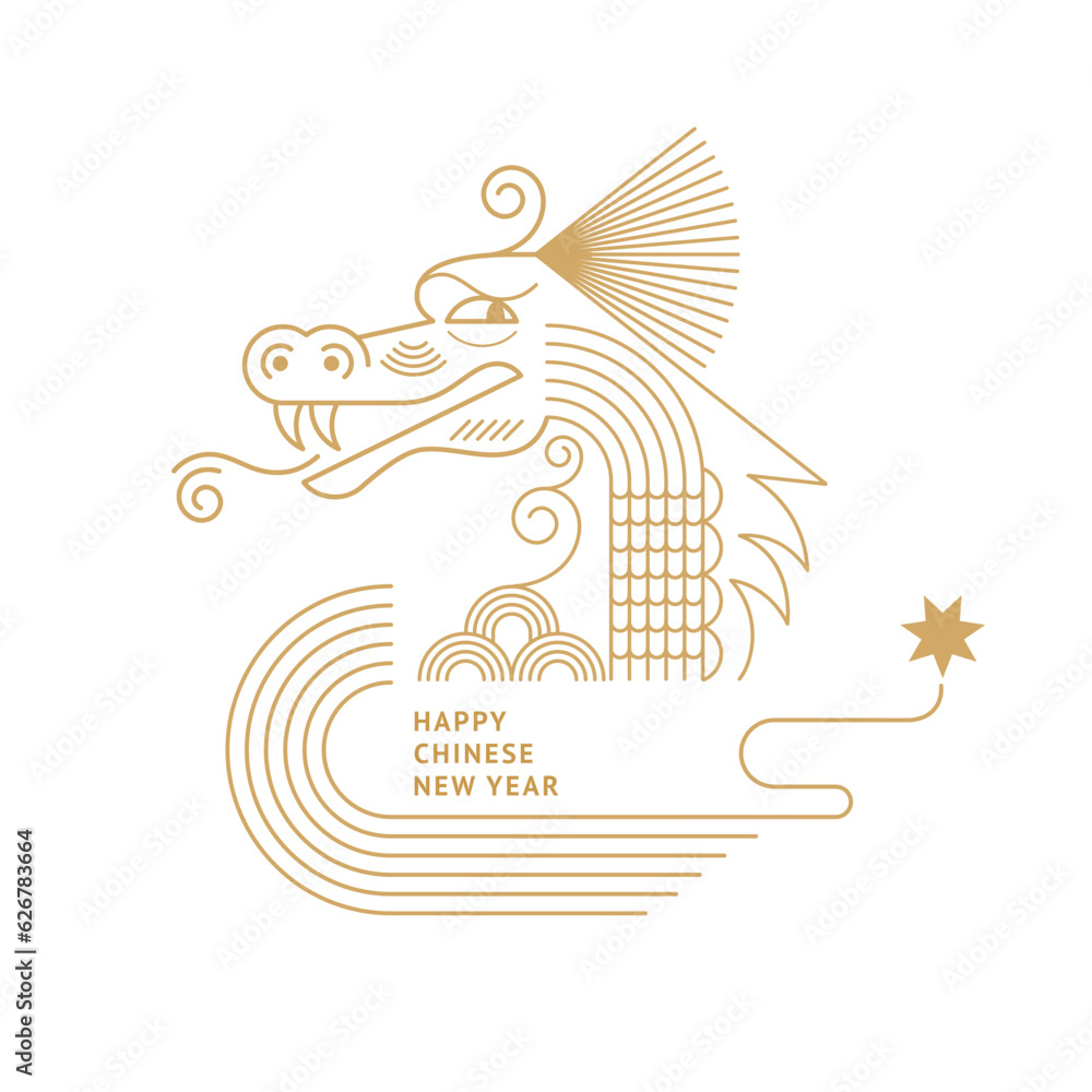 Fototapeta premium Chinese Happy New Year 2024. Year of the Dragon. Symbol of New Year. Dragon in geometric flat modern style, line art. Isolated on white