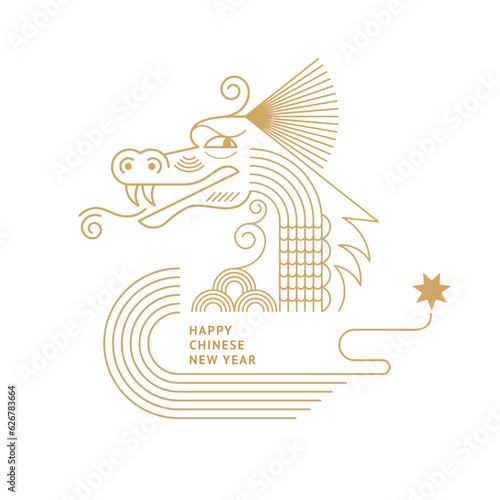 Chinese Happy New Year 2024. Year of the Dragon. Symbol of New Year. Dragon in geometric flat modern style, line art. Isolated on white