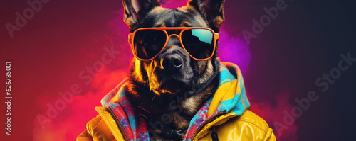 Cool looking dog wearing funky fashion, tie, glasses. wide banner