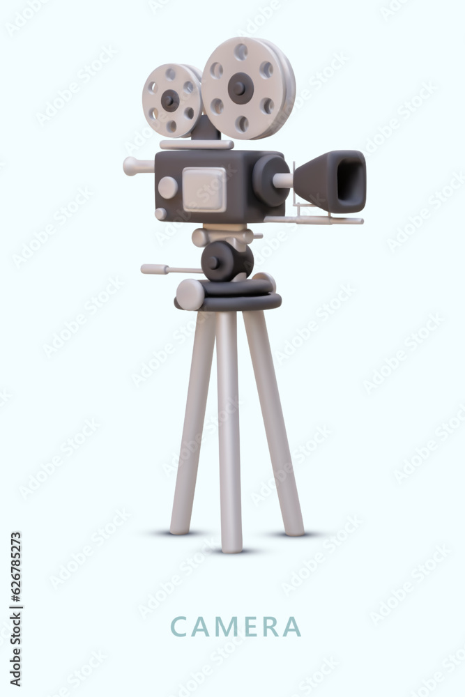 Obraz premium Realistic video camera on tripod. Retro equipment with films on reels. Vertical poster with space for text. Advertising of services of operator, studio. Concept for cinema site