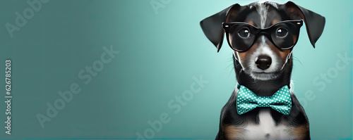Smart or cool dog in glasses. Funny lovely pet concept. colorful vivid background,