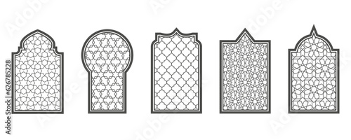 Ramadan window with pattern. Arabic frame of mosque door. Islamic design template. Vector oriental decoration with ornament.