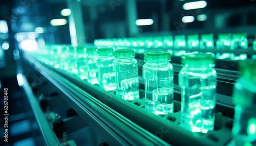 Conveyor Belt in Factory with Empty Bottles, Industrial Manufacturing Background, Generative AI