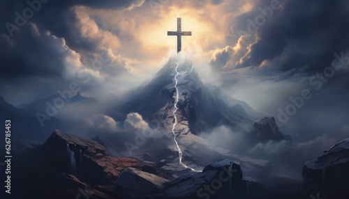 Majestic Cross on Mountain Peak with Heavenly Clouds, Generative AI