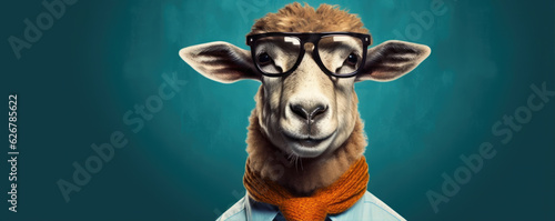 Funny sheep with cool glasses with colored tie. On blue color ful vivid background.