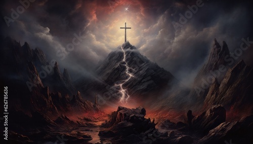 Majestic Cross Rising Above the Clouds on Mountain Peak, Generative AI