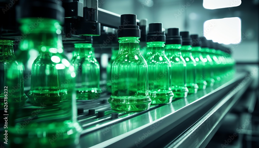 Line of Liquid Bottles Standing Behind a Machine - Industrial Manufacturing Concept, Generative AI