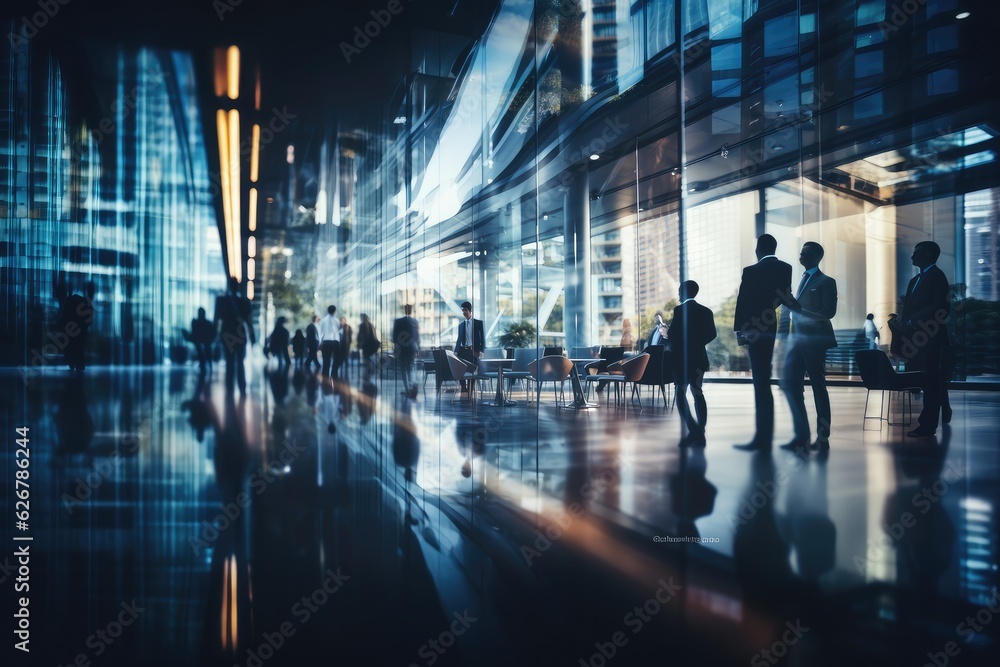 Blurred business people walking at modern office. generative ai