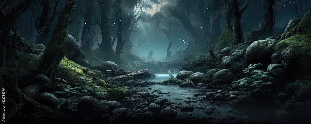 Beautiful magic forest in dark background. Magical fantasy or fairy scenery, night in a forest, copy space for text Beautiful magic forest in dark background. Magical fantasy or fairy scenery, night in a forest, copy space for text