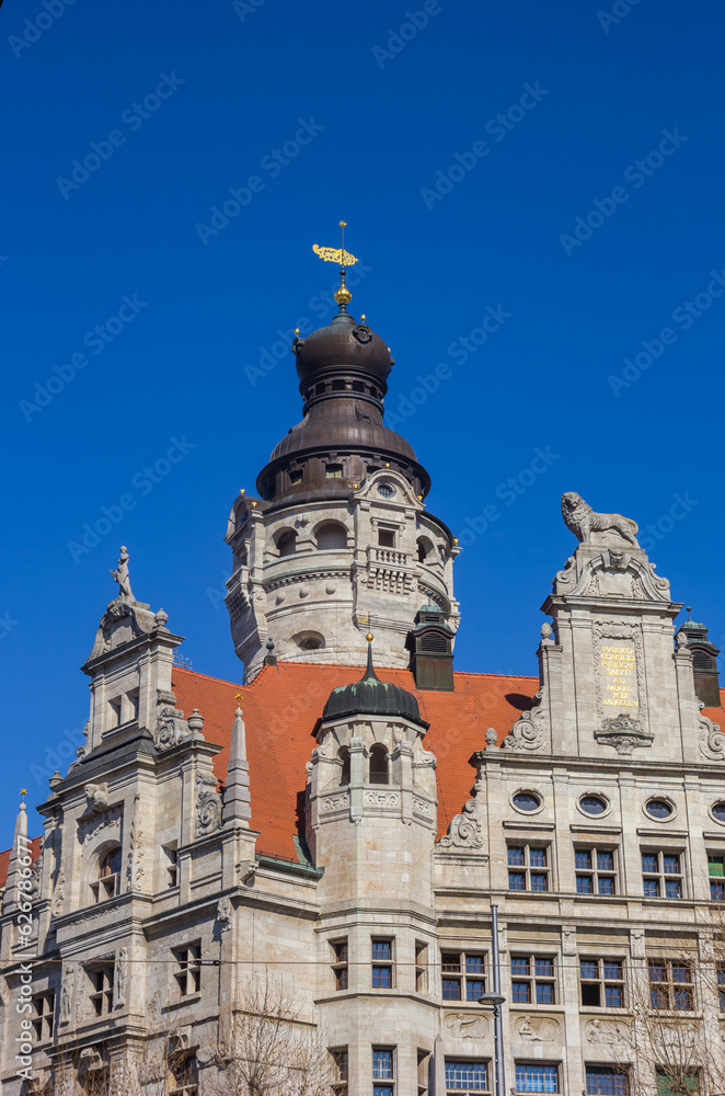 Tower and decorated facade of the new town hall in Leipzig, Germany