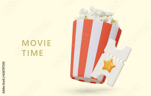 Movie time. Realistic round striped bucket with popcorn, ticket with golden star. Pleasant leisure time with delicious snacks. Color advertising banner with text