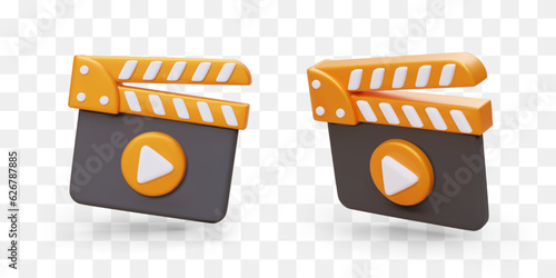 Realistic color clapperboard for shooting movie. Signal to start filming. Traditional tool for synchronizing audio and video streams. Symbol of beginning, start. Isolated image set