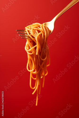 golden fork and spaghetti on red background