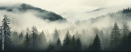 Misty foggy mountain with green forest and copyspace for your text. © amazingfotommm