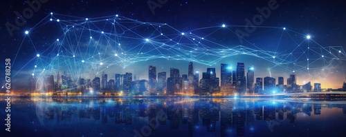 Smart city conection background. dark blu or red colors.