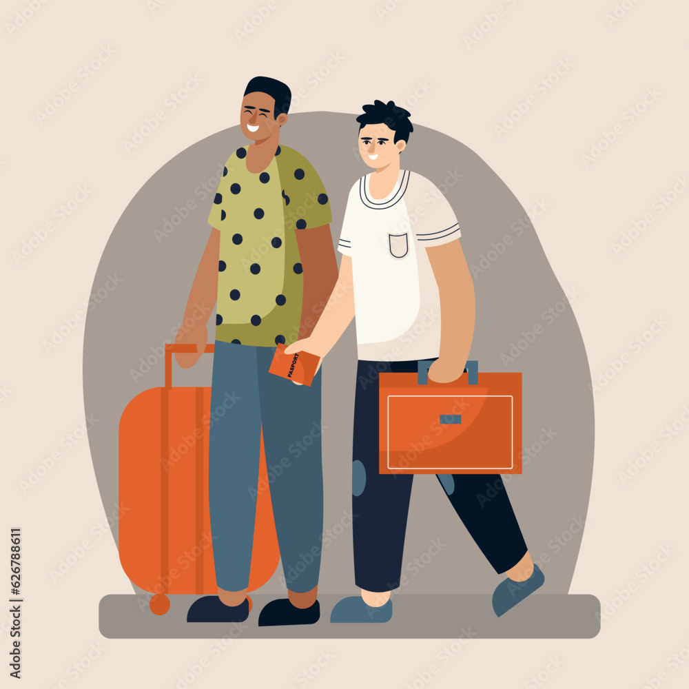 Men and women at airport ready to travel aboard. Multicultural cartoon tourists with trolley bags and suitcases waiting to board plane. Flat vector illustration in warm colors Men and women at airport ready to travel aboard. Multicultural cartoon tourists with trolley bags and suitcases waiting to board plane. Flat vector illustration in warm colors