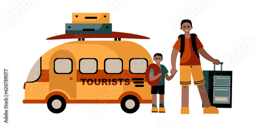 American young dad with son standing with baggage near bus for tourists. Tourist traveling concept. Family went to vacations. Flat vector illustration in yellow colors