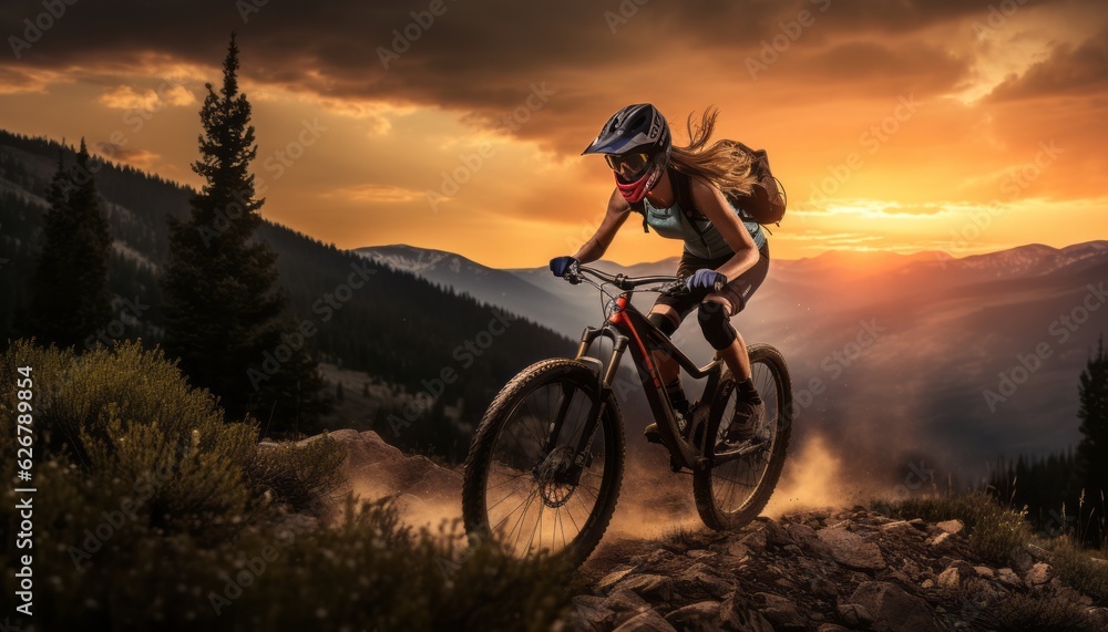 Obraz premium Adventurous Woman Riding Mountain Bike in Majestic Sunset Mountains, Generative AI