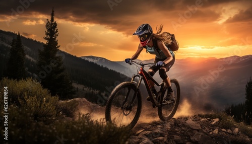 Adventurous Woman Riding Mountain Bike in Majestic Sunset Mountains, Generative AI