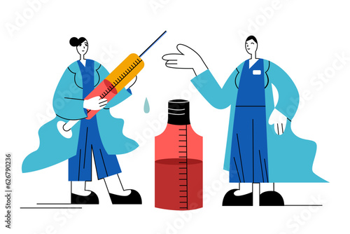 Female nurse holding syringe with vaccine and talking with colleague. Time to get vaccinated against disease concept. Protection from coronavirus outbreak. Vector flat illustration in cartoon style