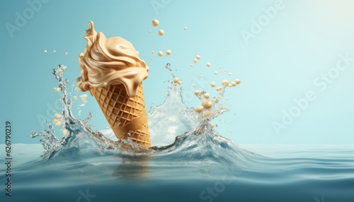 Refreshing Summer Splash: Ice Cream Cone Falling into Crystal Clear Water, Generative AI