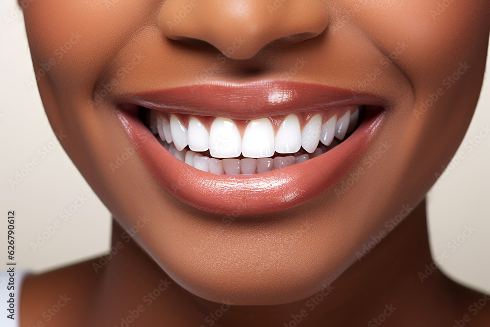 Close up of black woman perfect white theeth smile, dentist clinic advertisement Close up of black woman perfect white theeth smile, dentist clinic advertisement