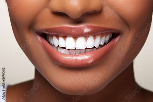 Close up of black woman perfect white theeth smile  dentist clinic advertisement