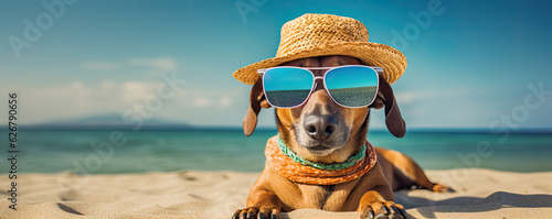 Cool dog with sunglasses and hat on the beach. copy space for text © amazingfotommm