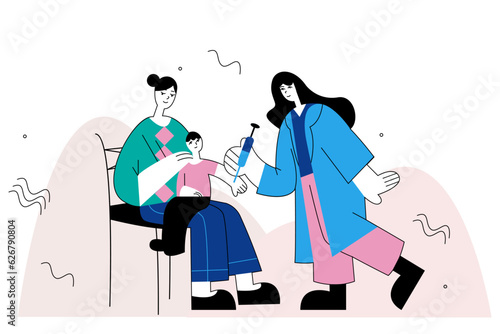 Woman holding son, nurse holding syringe and vaccinates boy. Disease protection for adults and children. Protection from coronavirus outbreak. Time to get vaccinated. Vector flat illustration