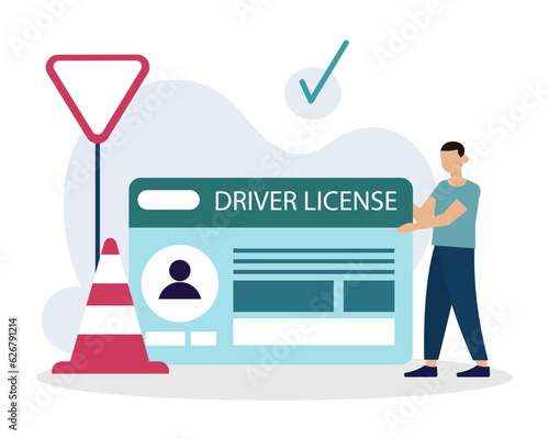 Young male passed test and holding document for driving car. Learning and getting driving license concept. Success on passing exam in driving school. Flat vector illustration in cartoon style