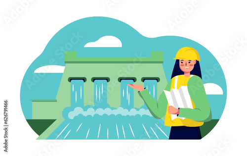 Adult lady standing near hydroelectric power system and examining. Engineer standing at location for obtaining green energy. Eco energy concept. Flat vector illustration in green and yellow colors