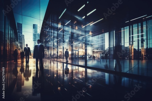 Blurred business people walking at modern office. generative ai