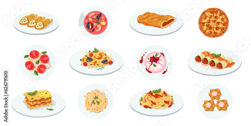 Traditional italian food. Cartoon restaurant menu with cheese pizza, olive oil and tomatoes. Vector graphic of Mediterranean traditional meals