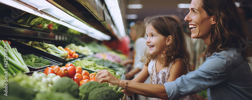 Young woman on the market near vegetable shelves. wide banner