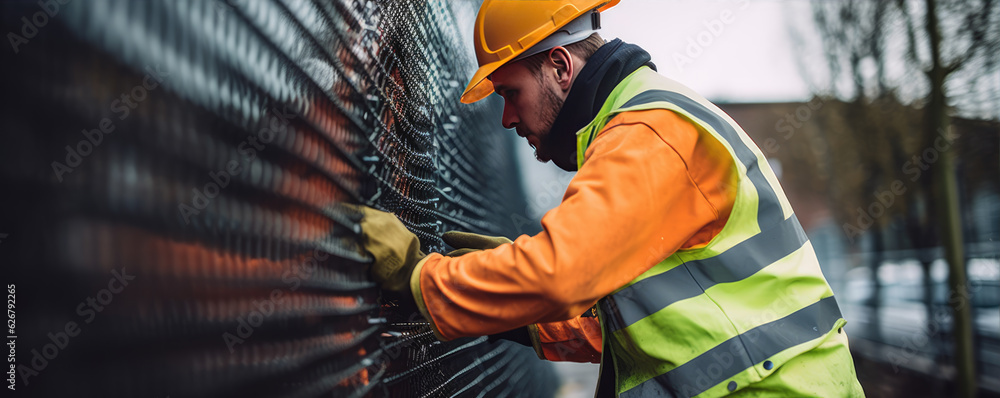 Worker fastening or repair metal mesh fence with hands. - obrazy, fototapety, plakaty 