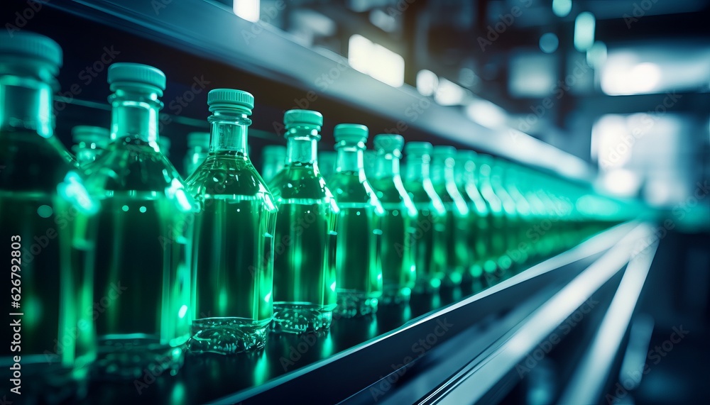 Glass bottles on a conveyor system in a modern industrial factory, Generative AI