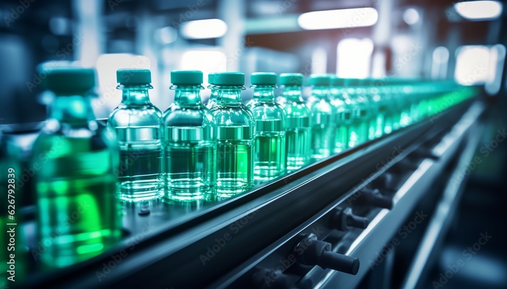 Glass bottles on a conveyor system in a modern industrial factory, Generative AI